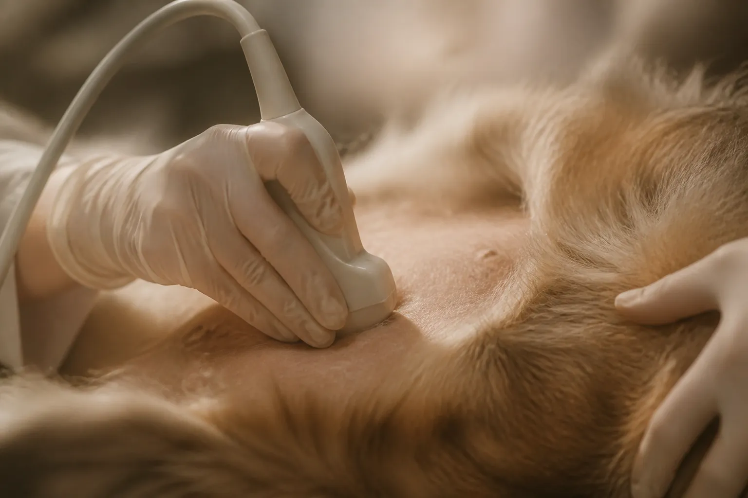 Chienne en suivi de gestation lors d'une échographie vétérinaire