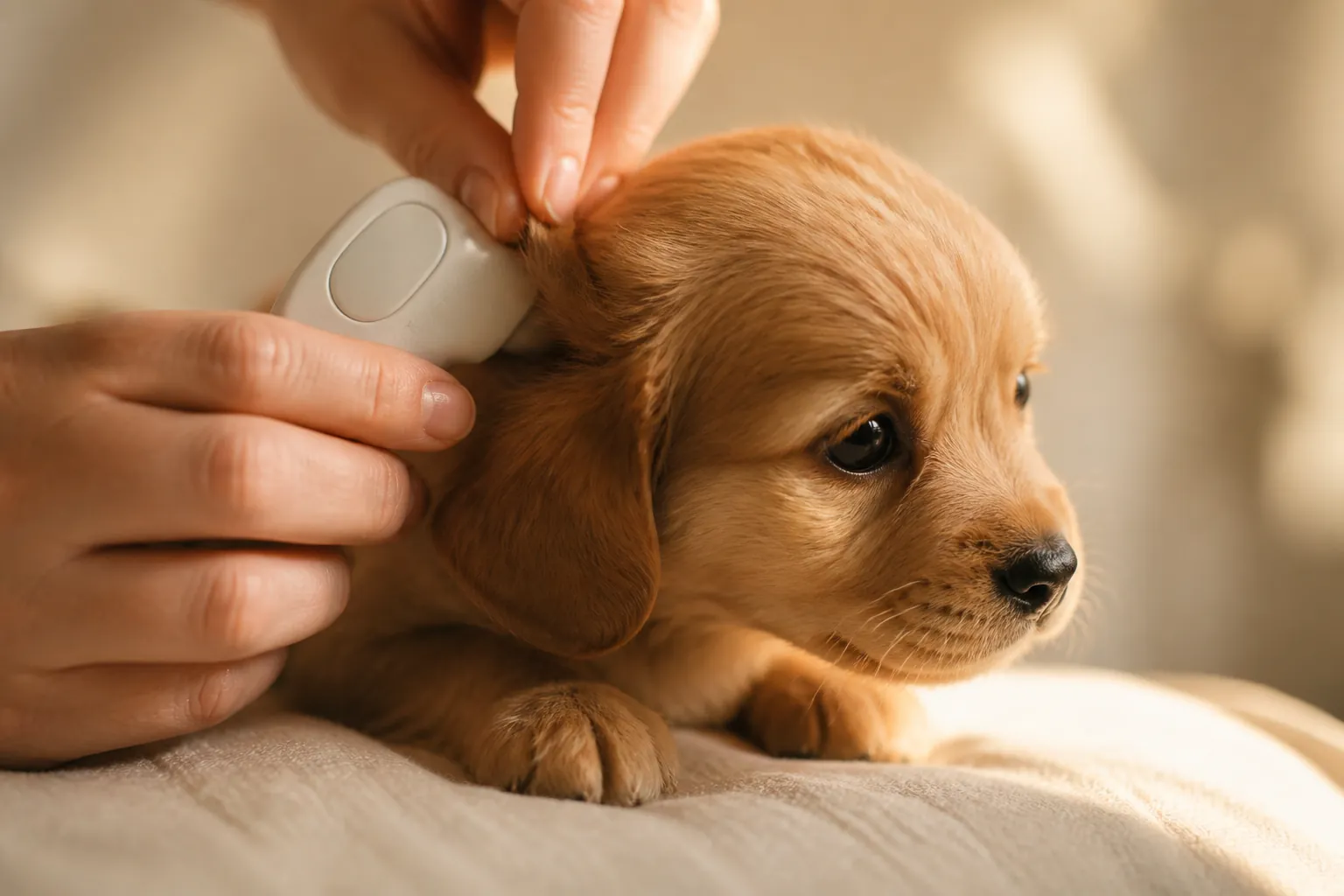 Chiot chez le vétérinaire lors de sa première consultation avec puce et carnet de santé
