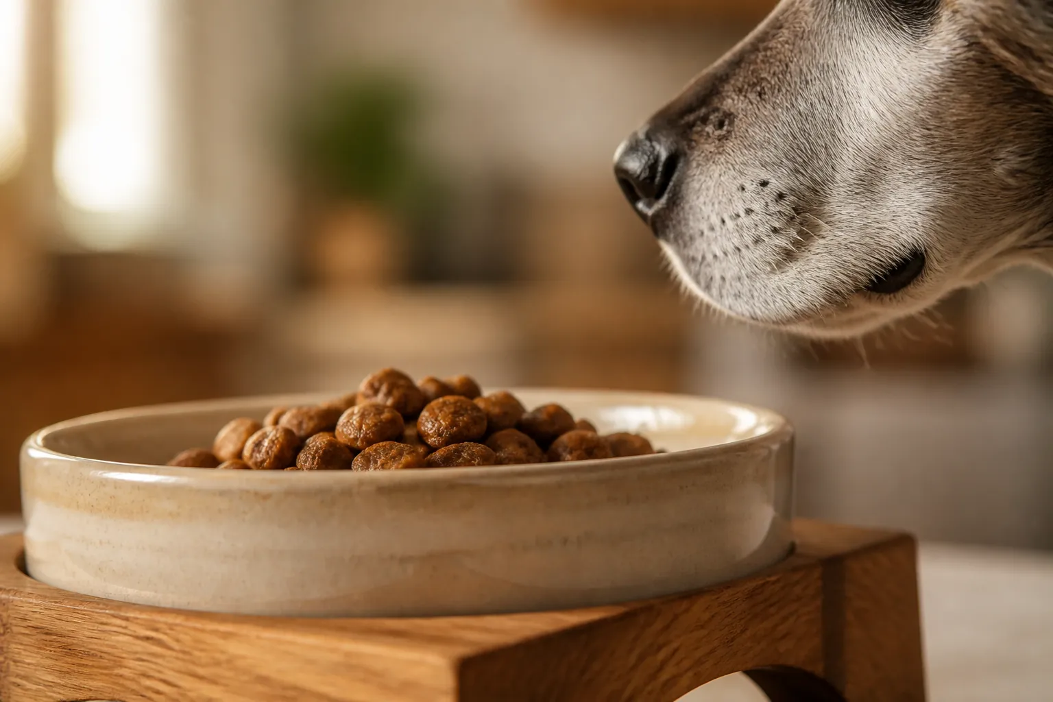 Chien senior mangeant des croquettes adaptées dans une gamelle surélevée