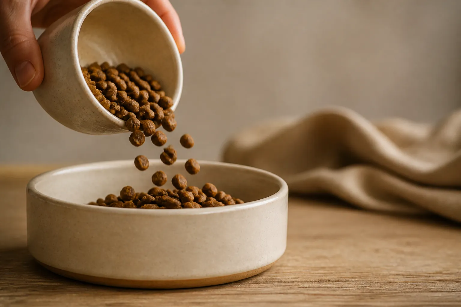 Gamelle de croquettes et balance de cuisine pour doser la ration quotidienne d'un chien