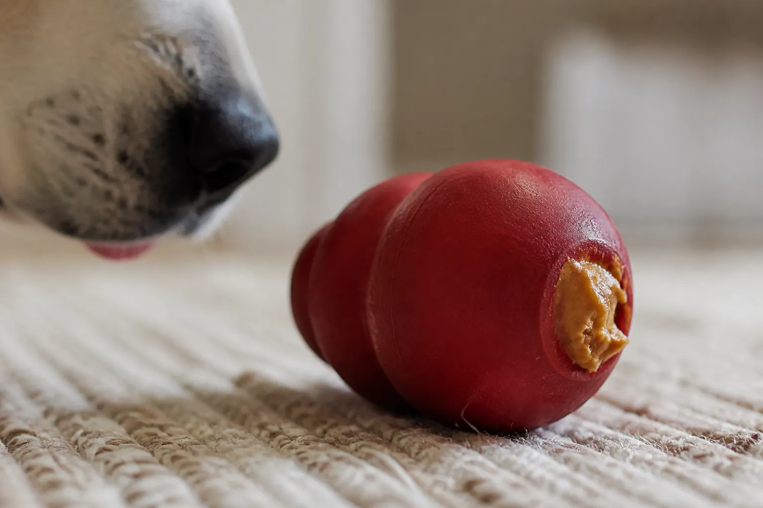 Chien avec un jouet d'occupation Kong fourré posé sur un tapis