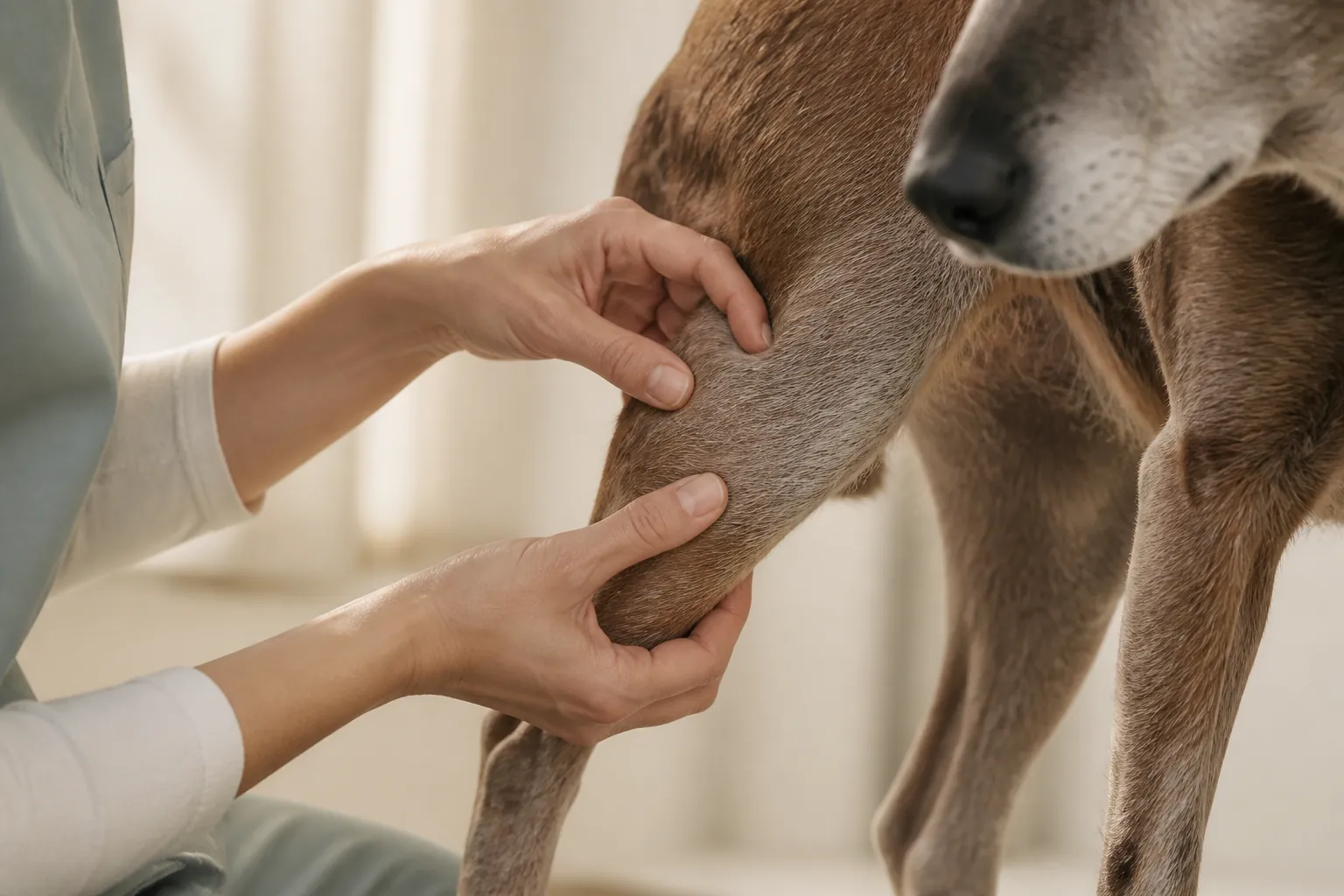 Chien âgé recevant une injection de Librela contre l'arthrose chez le vétérinaire