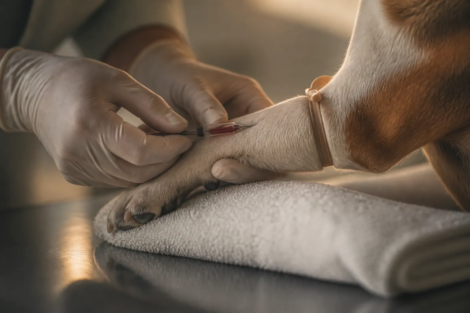 Beagle en consultation véto pour bilan sanguin