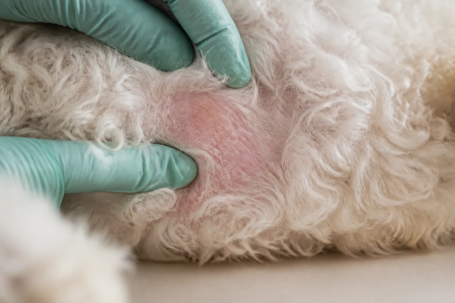 Bichon Frisé chez le vétérinaire pour un examen dermatologique