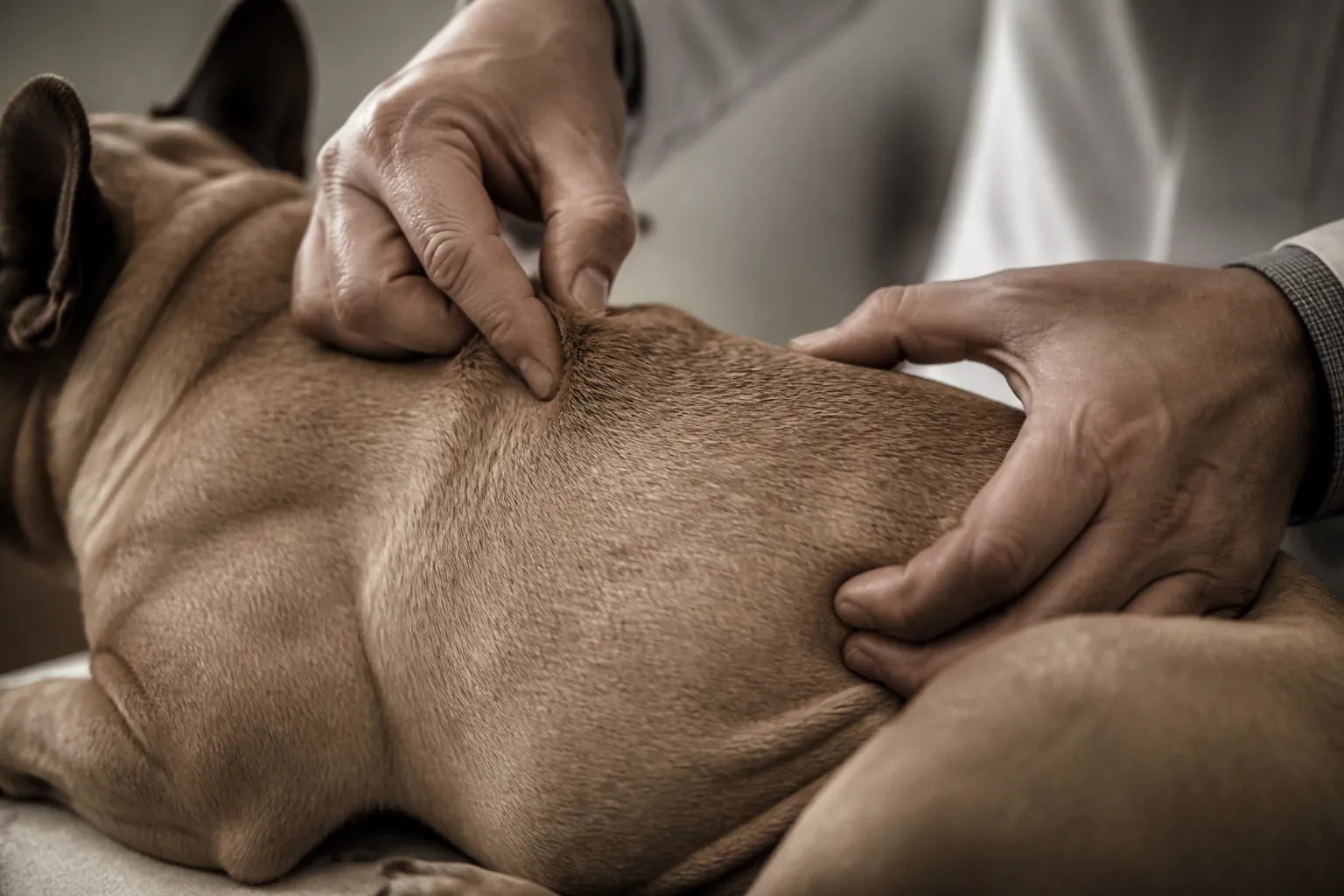 Bouledogue français en consultation vétérinaire pour un examen du dos
