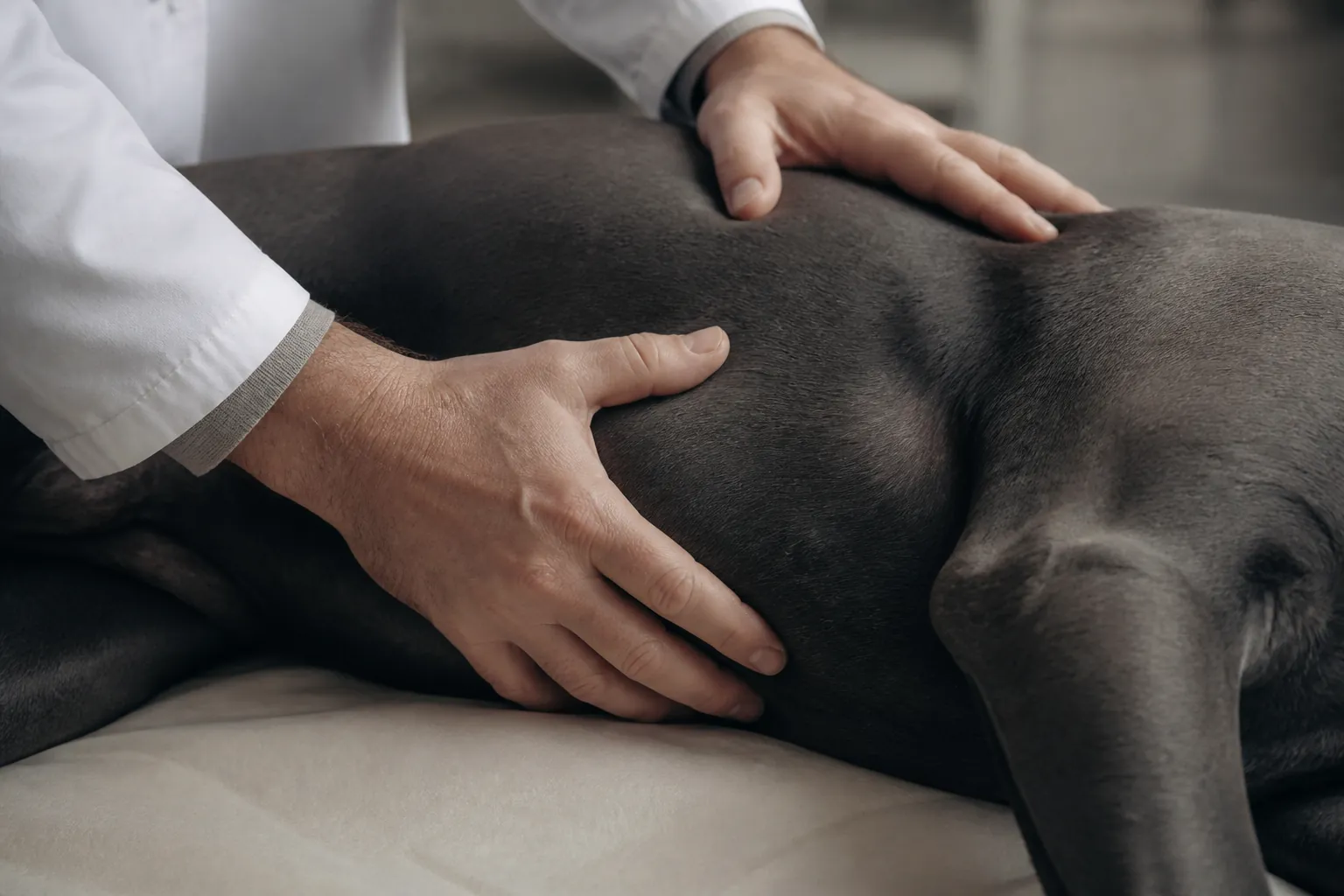 Cane Corso adulte en consultation vétérinaire pour examen abdominal