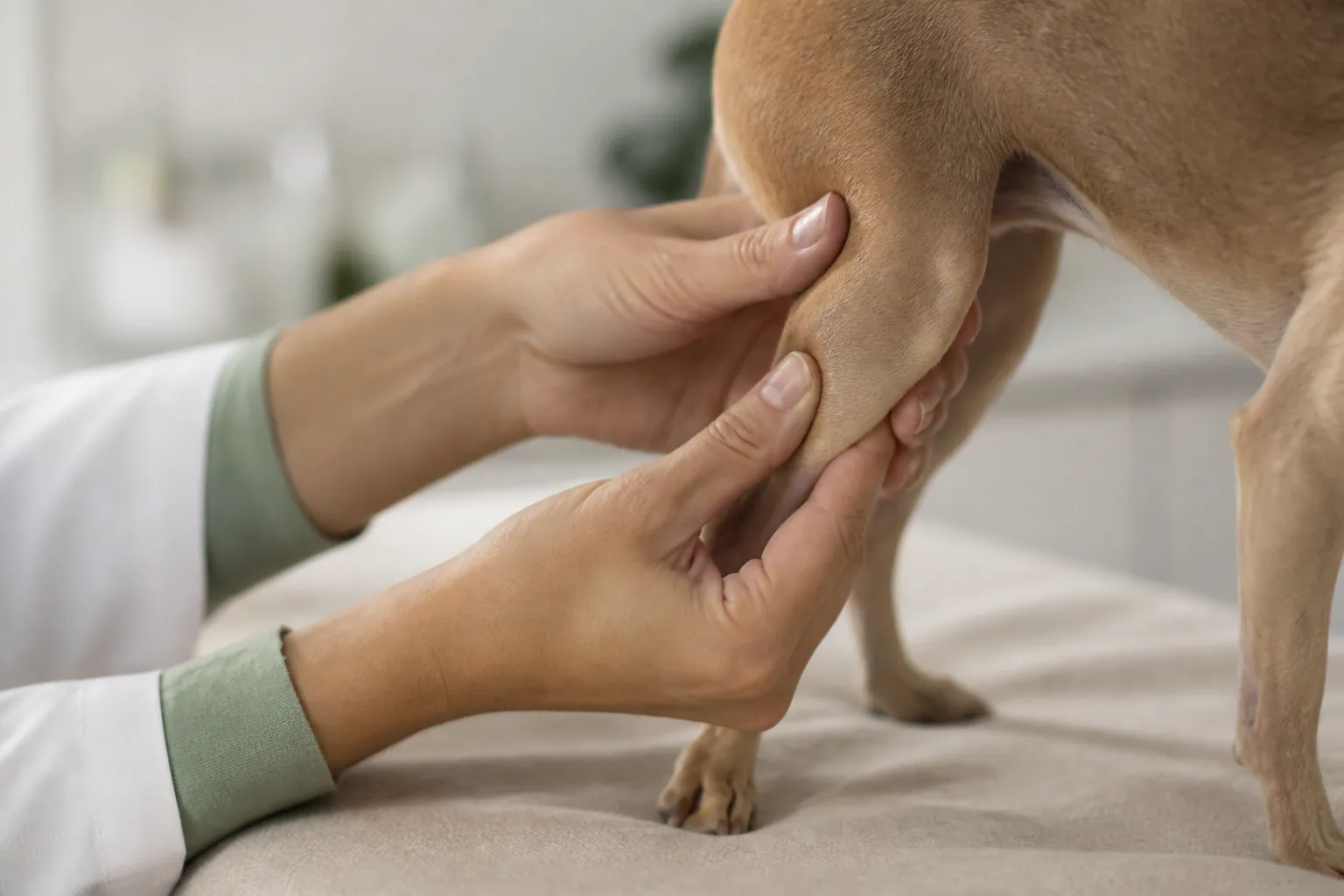 Chihuahua en consultation chez le vétérinaire pour un examen de la rotule