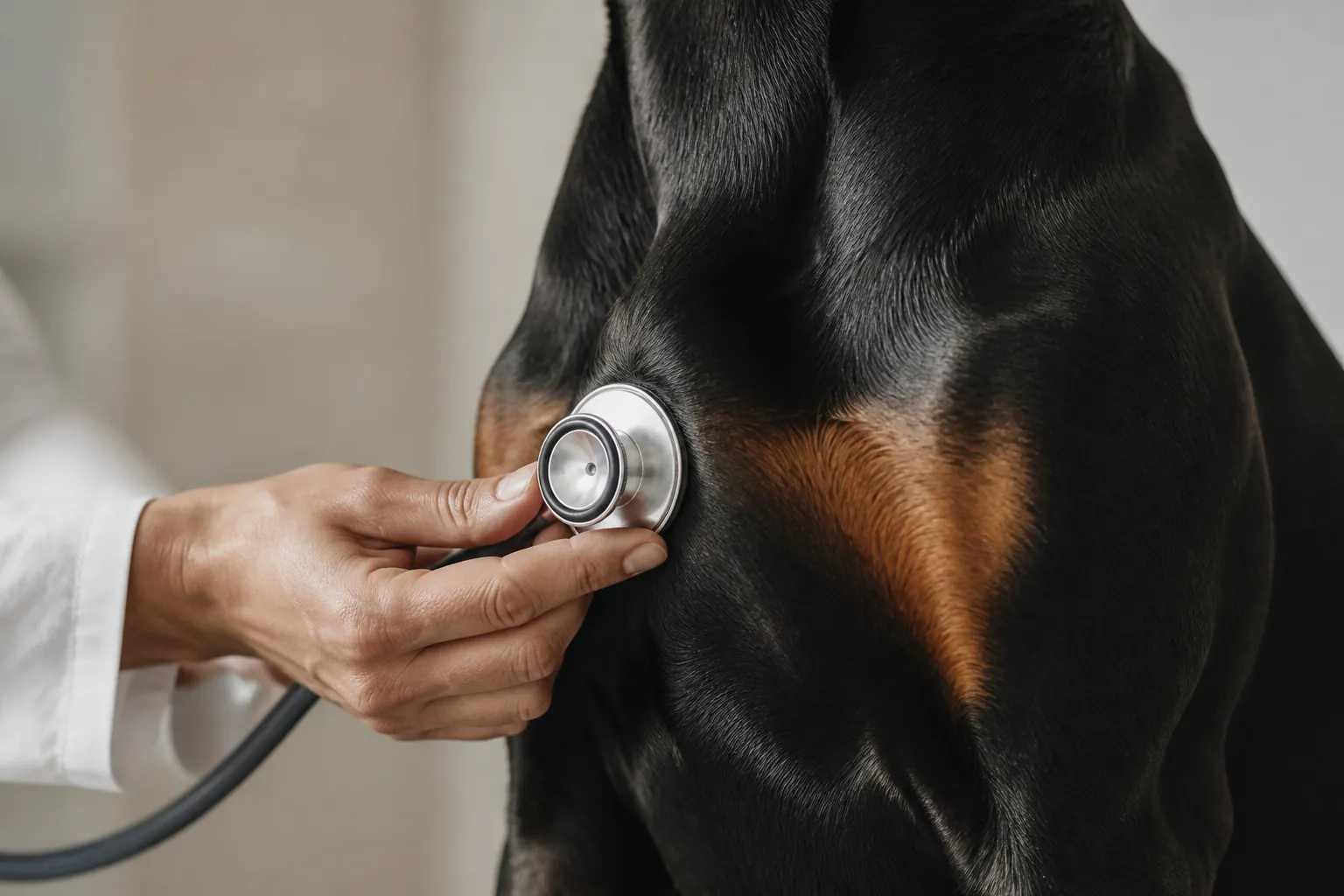 Doberman au repos avec son propriétaire, suivi cardiologique régulier
