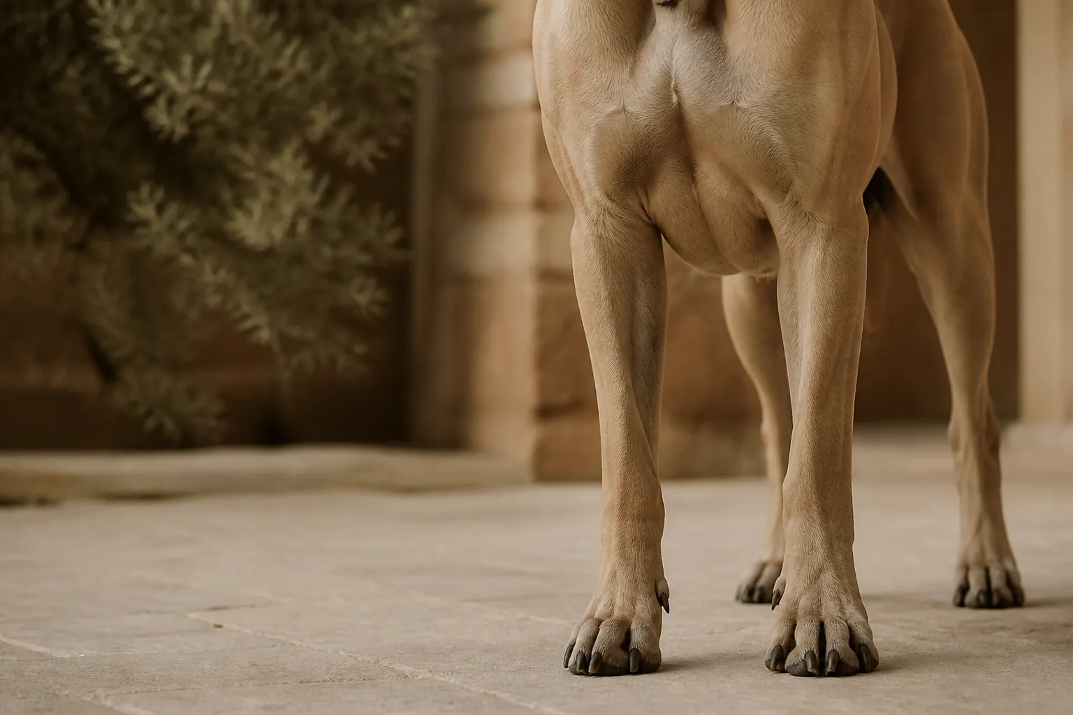 Dogue allemand au repos, montrant la stature imposante et le thorax profond caractéristique de la race