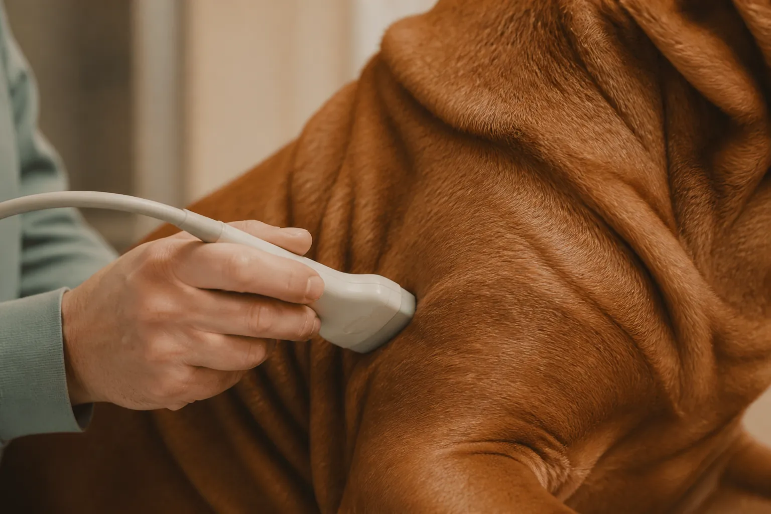 Dogue de Bordeaux allongé chez le vétérinaire lors d'une échographie cardiaque