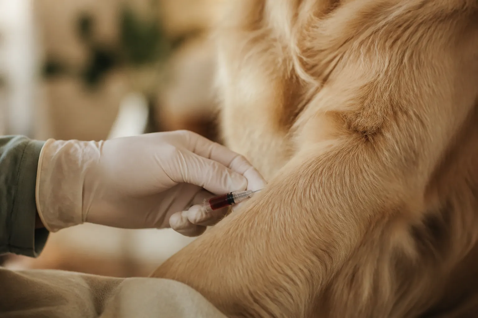 Golden Retriever en consultation vétérinaire pour un bilan sanguin de suivi oncologique