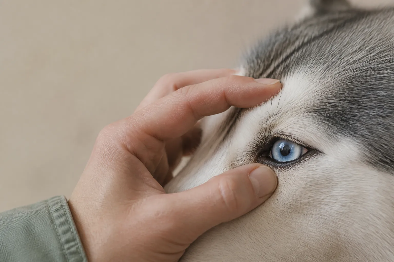 Husky sibérien aux yeux bleus en consultation ophtalmologique vétérinaire