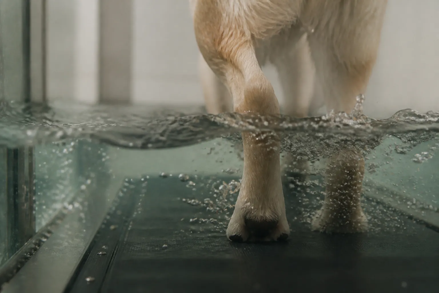 Labrador Retriever en rééducation post-opératoire sur tapis aquatique