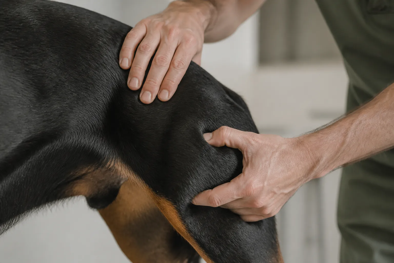 Rottweiler en consultation vétérinaire pour radiographie de la hanche