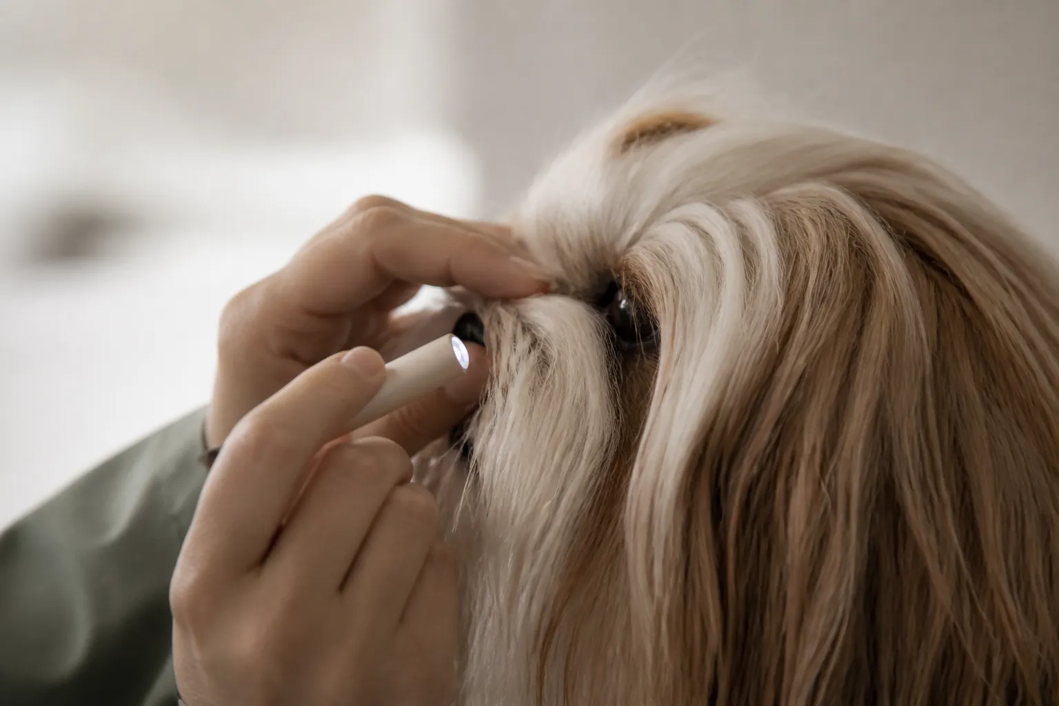 Shih Tzu lors d'un examen ophtalmologique vétérinaire