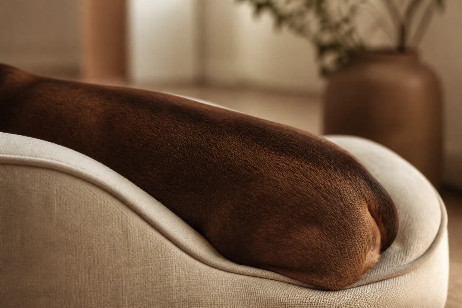 Teckel couché avec le dos soutenu par un coussin orthopédique