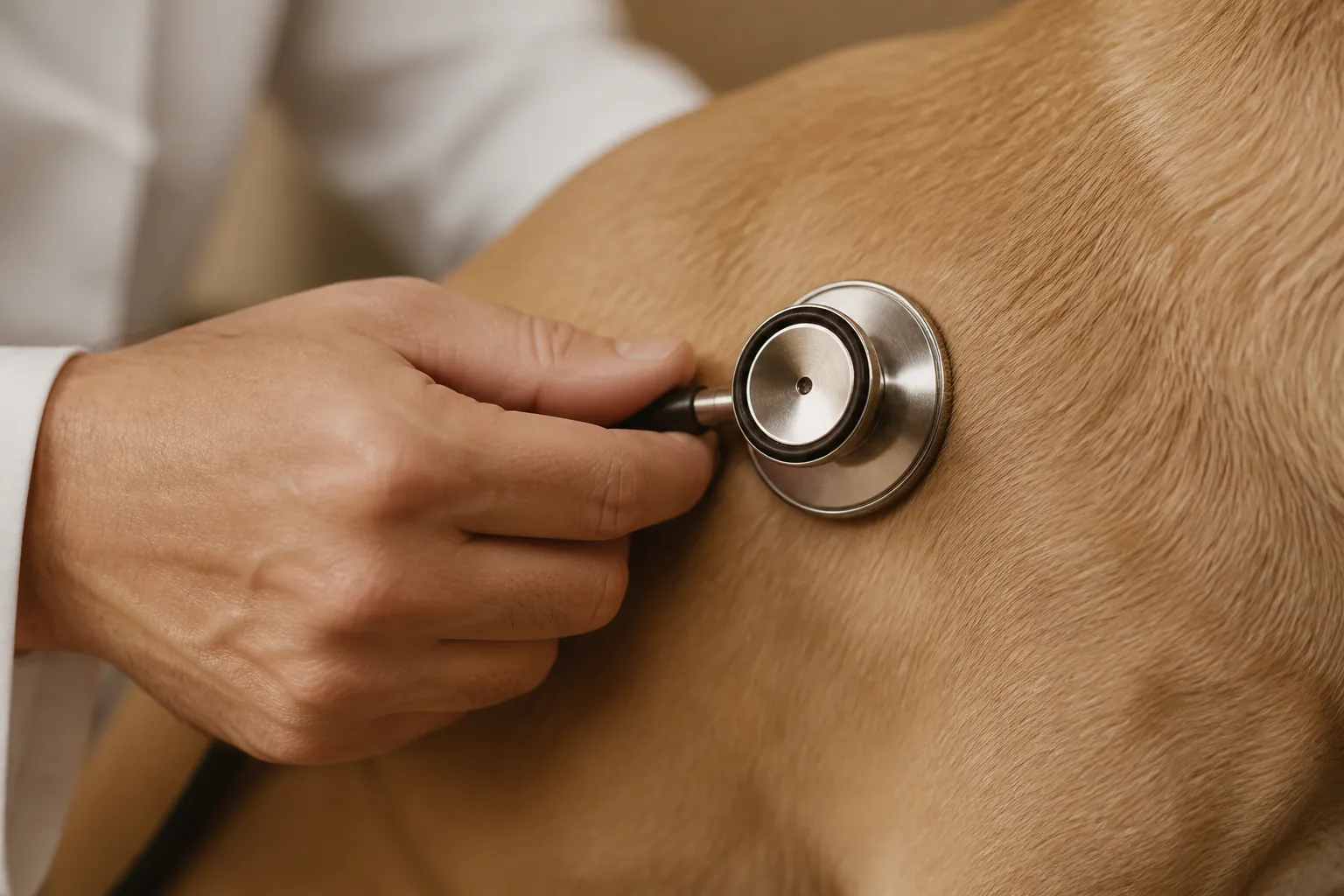 Vétérinaire auscultant un chien lors d'un bilan annuel