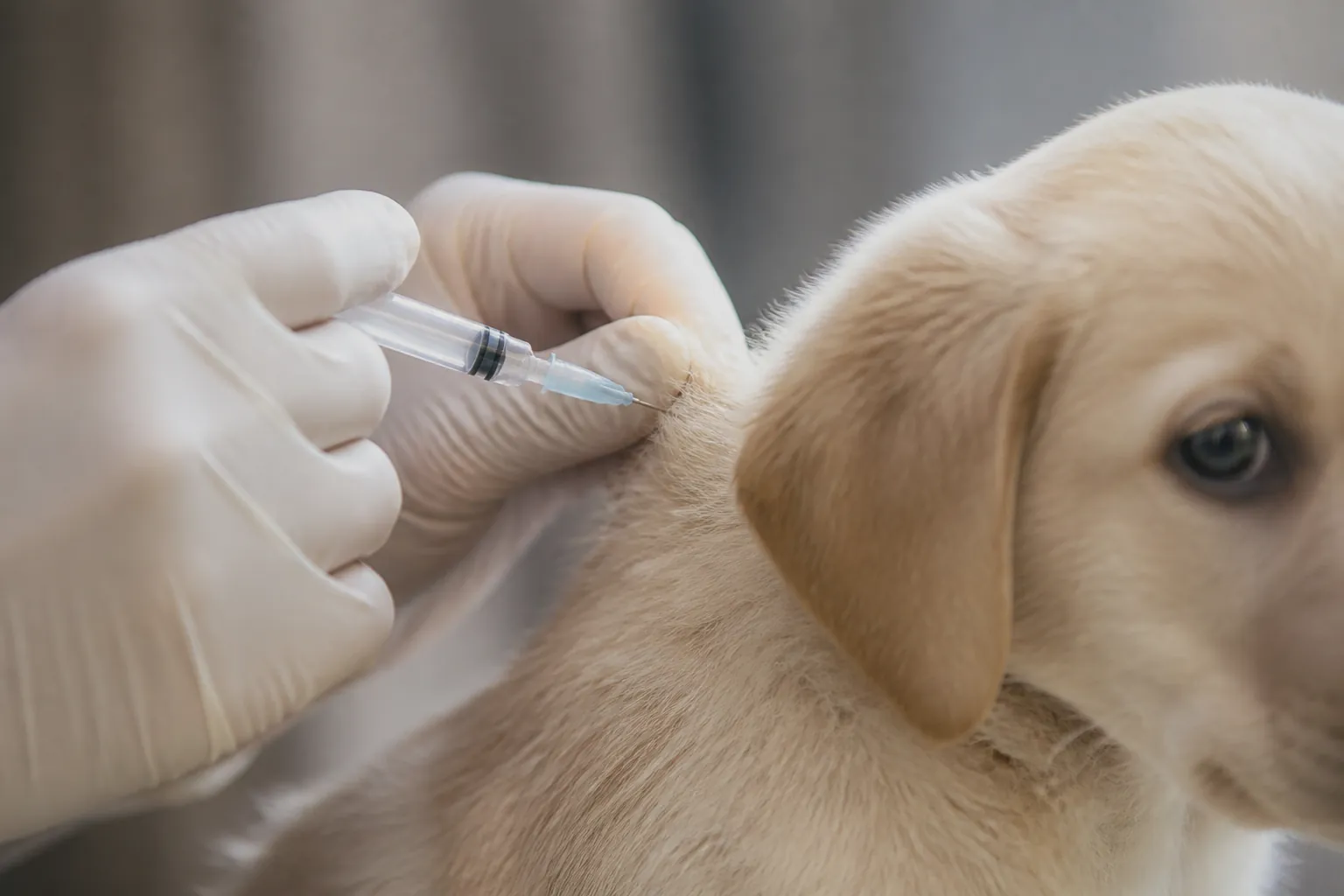 Chiot chez le vétérinaire recevant sa deuxième injection vaccinale