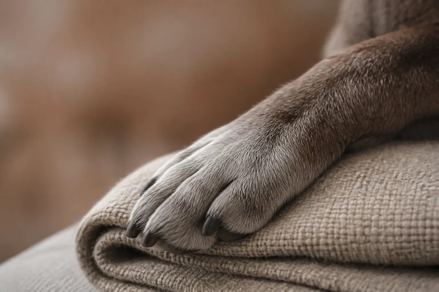 Chien senior allongé sur un tapis, regard calme