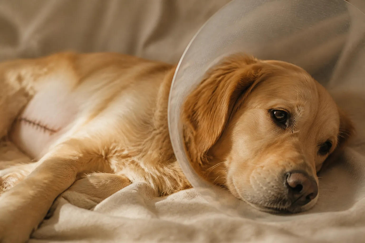 Chien en post-opératoire avec collerette après chirurgie abdominale