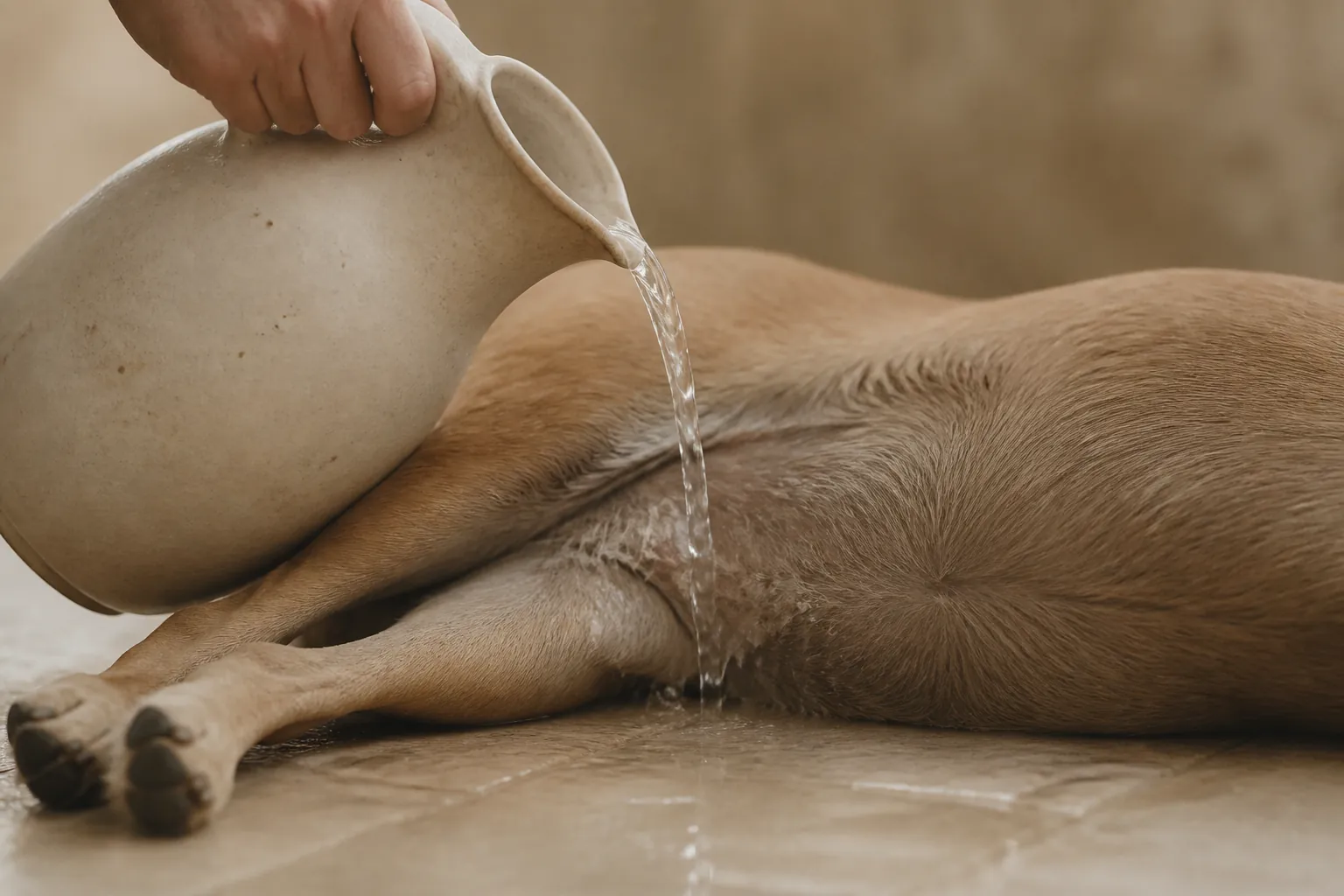 Chien rafraîchi avec de l'eau tiède sur le ventre pendant un épisode de chaleur