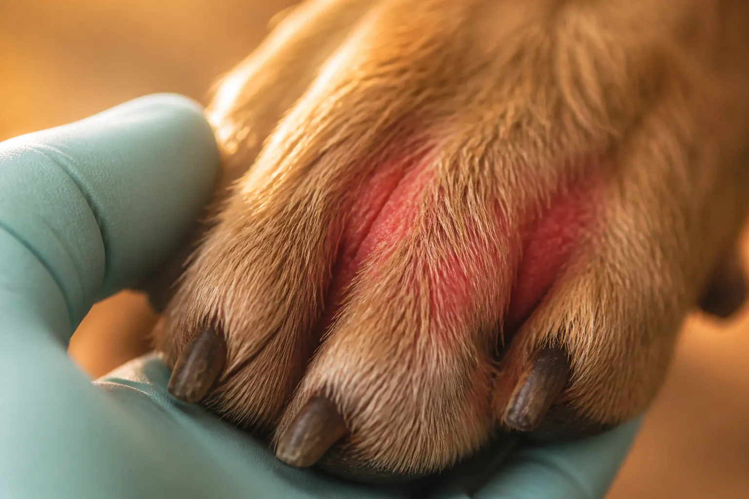 Chien atopique avec lésions de grattage sur les pattes avant lors d'une consultation dermatologique