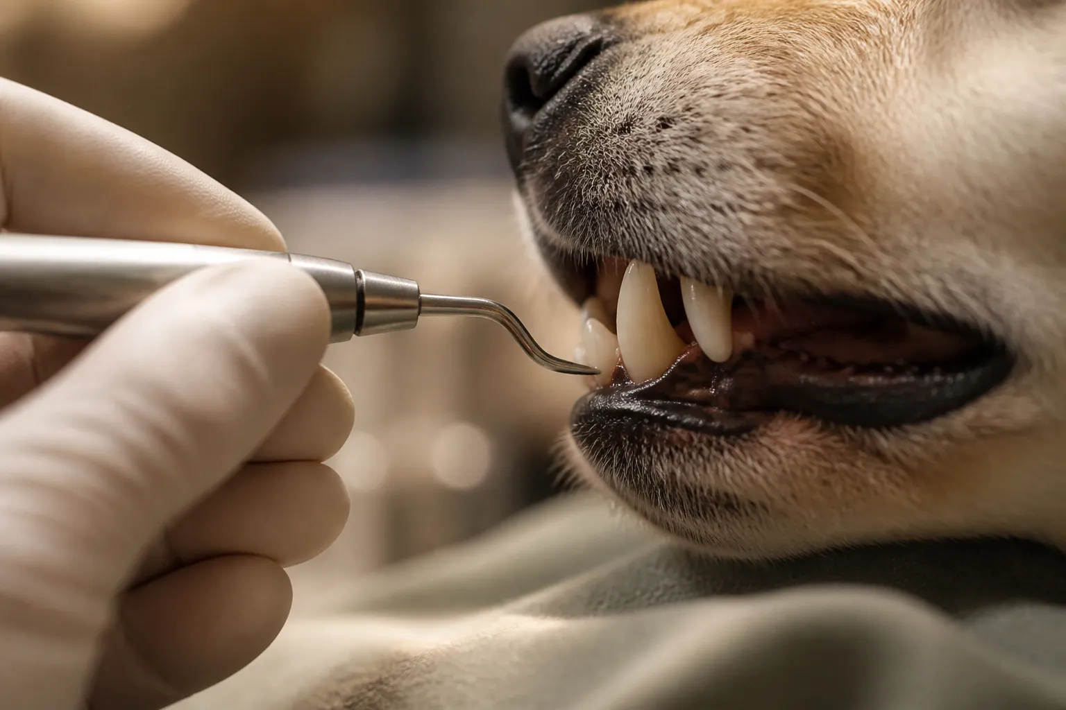 Vétérinaire pratiquant un détartrage sous anesthésie sur un chien de taille moyenne