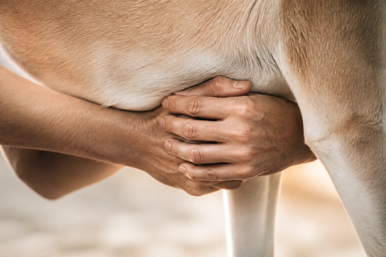 Position des mains pour la manœuvre de Heimlich sur un grand chien
