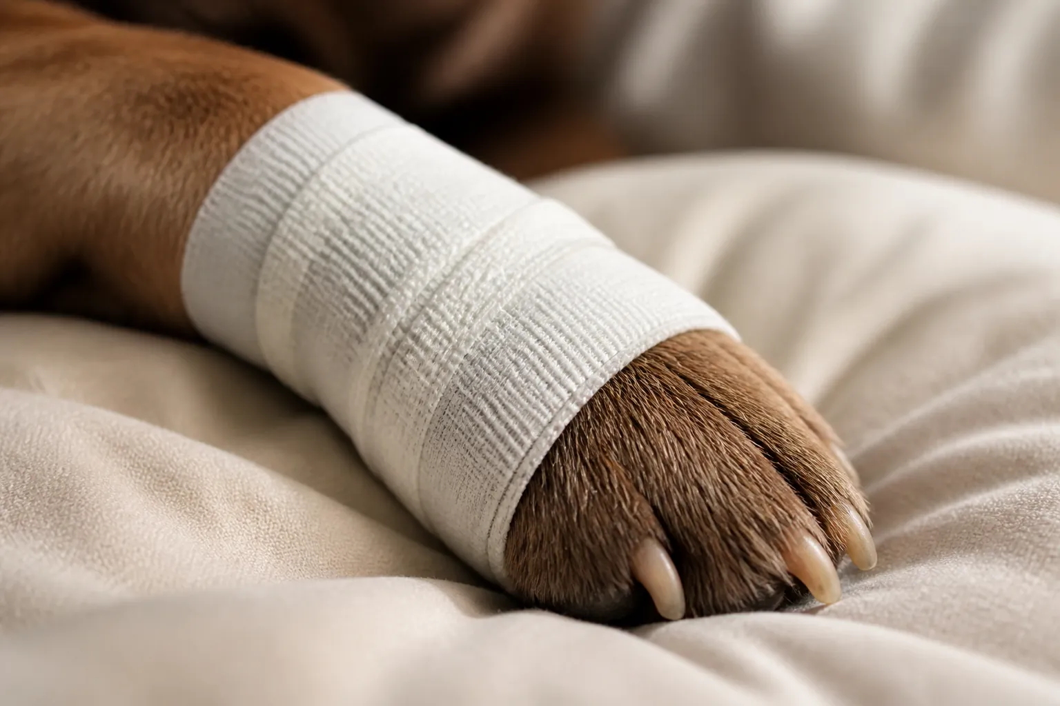 Chien avec patte bandée après une chirurgie d'urgence chez le vétérinaire