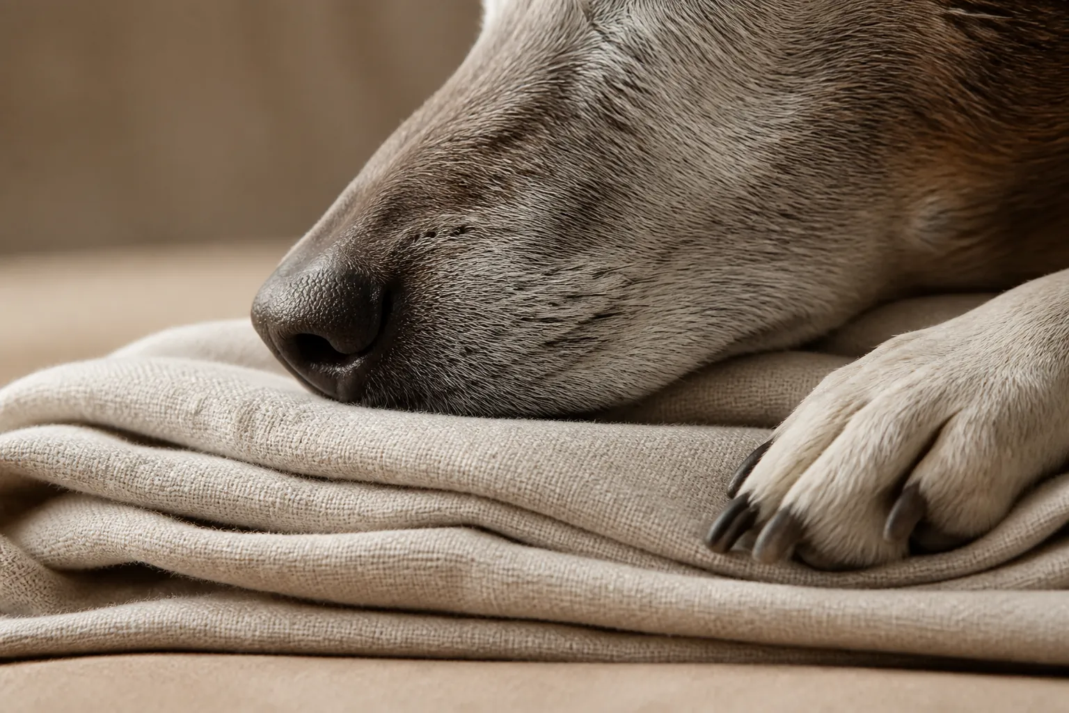 Chien âgé allongé calmement sur son coussin