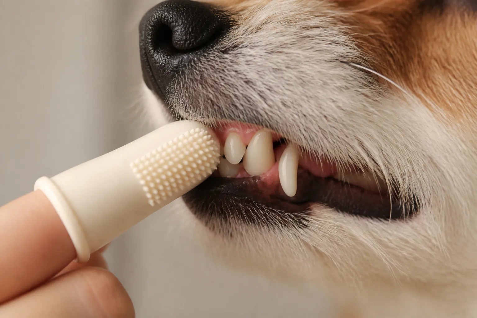 Démonstration du brossage des dents d'un chien avec un doigtier