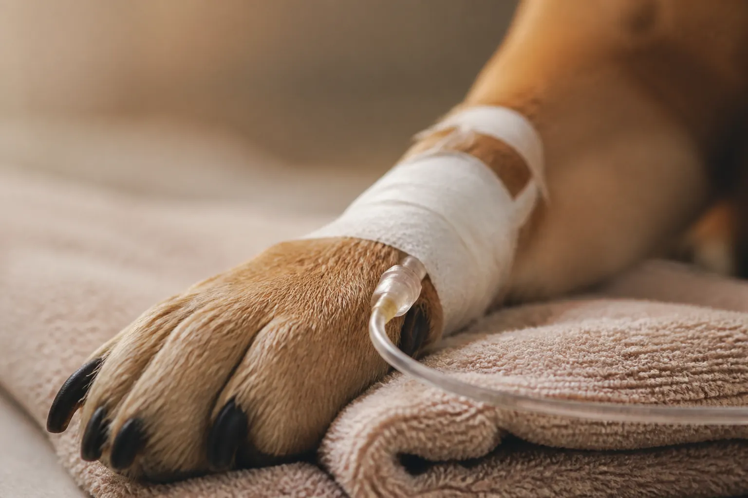 Chien hospitalisé sous perfusion après une pancréatite aiguë