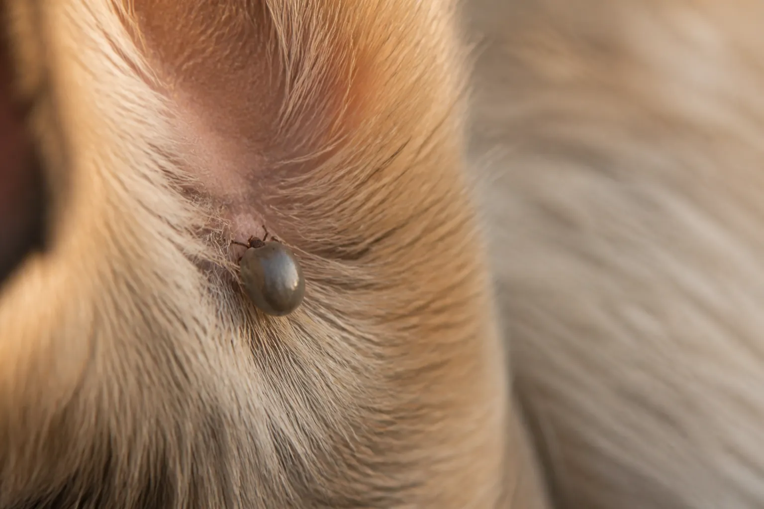 Tique gorgée de sang fixée sur le pelage d'un chien
