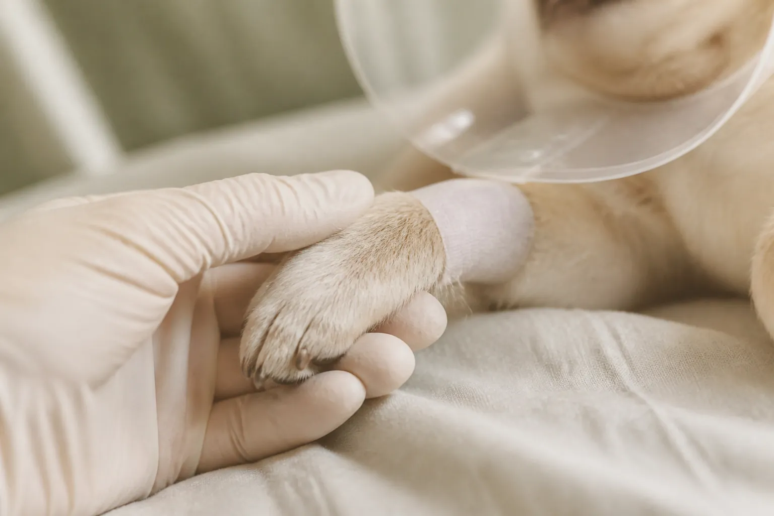 Chiot Labrador portant une collerette après une stérilisation vétérinaire