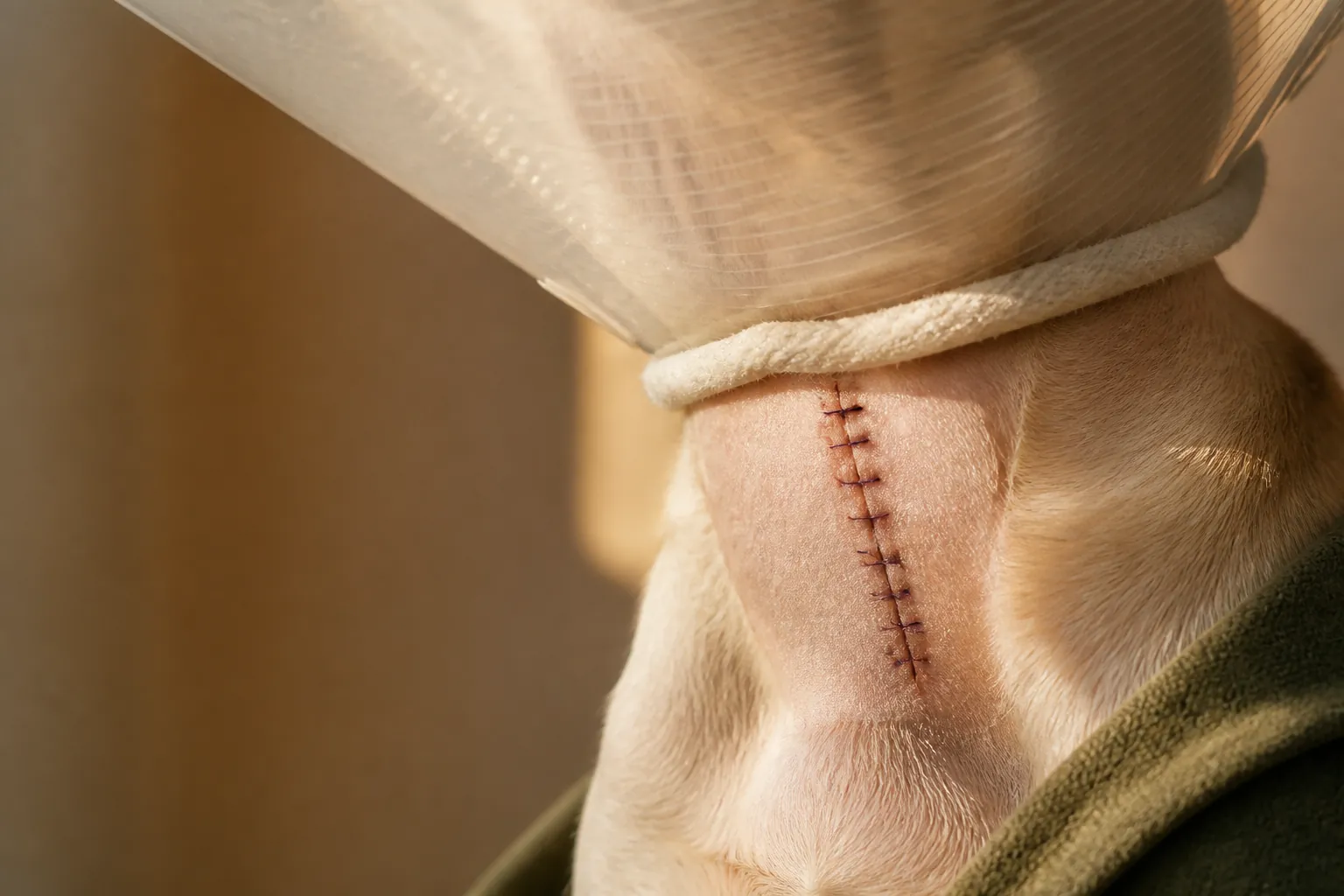 Chien portant une collerette après une intervention chirurgicale non remboursée pendant la période de carence