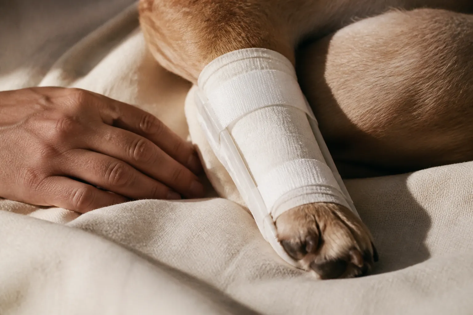Radiographie post-opératoire du genou d'un chien après chirurgie TPLO avec plaque métallique visible