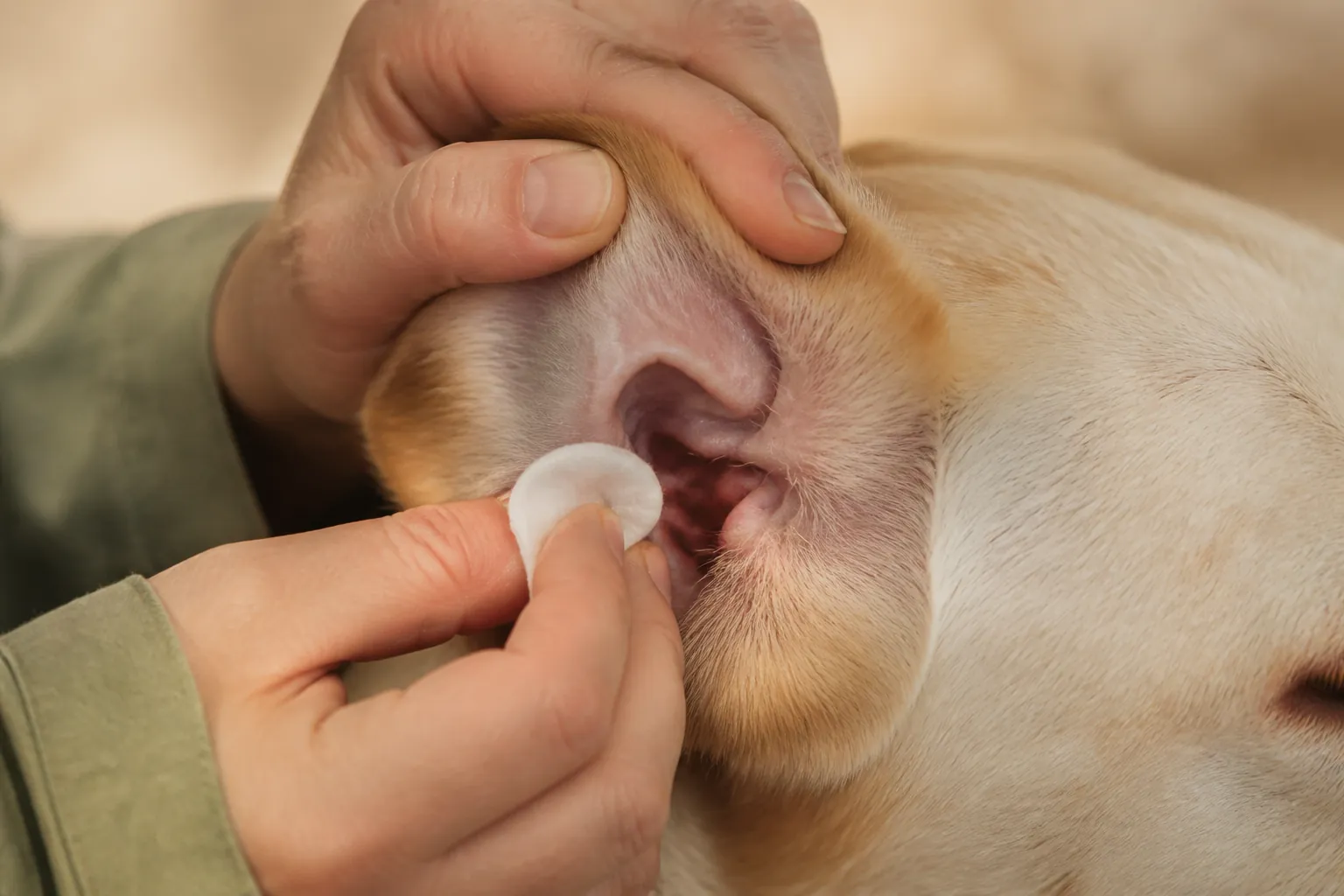 Massage de la base de l'oreille d'un chien pendant le nettoyage auriculaire