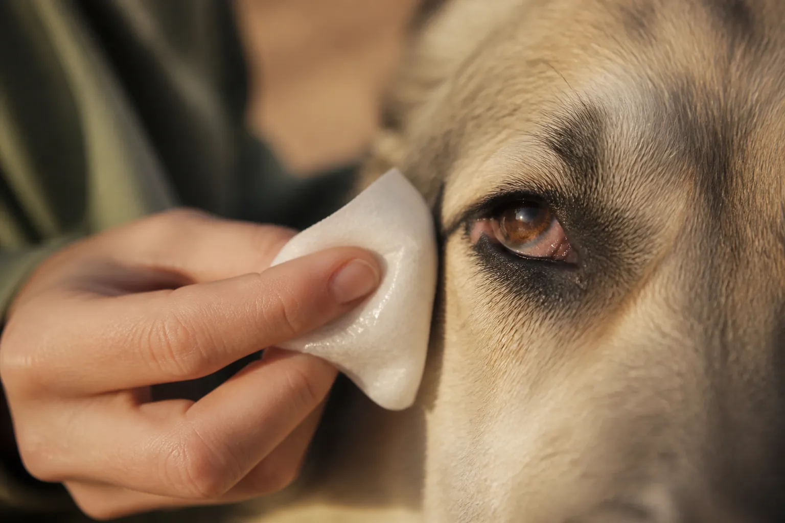 Nettoyage des yeux d'un chien au sérum physiologique avec compresse