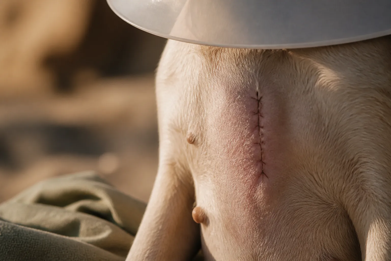 Chienne en convalescence après stérilisation avec collerette
