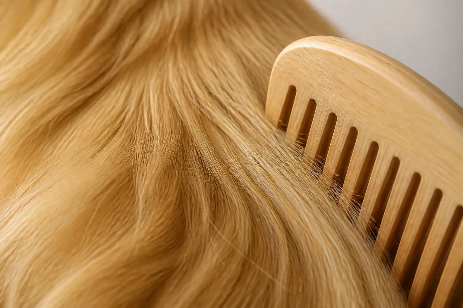 Démêlage du poil long d'un Golden Retriever avec un peigne adapté