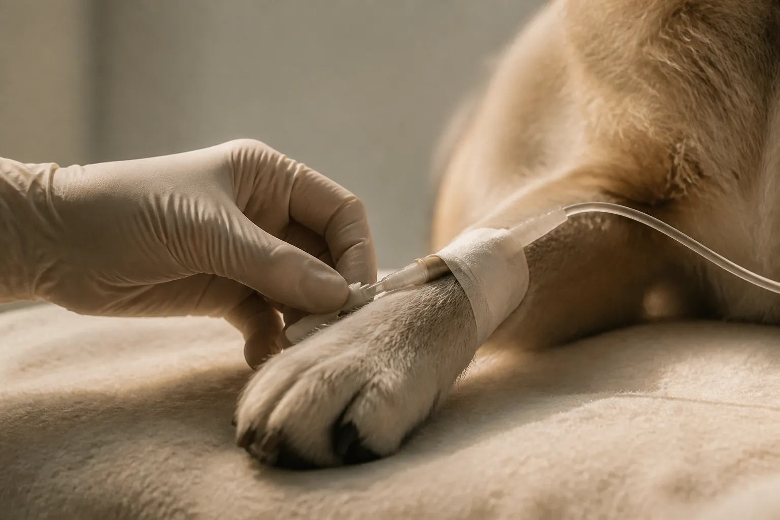 Chien de grande race sous surveillance en soins intensifs vétérinaires après chirurgie de torsion d'estomac