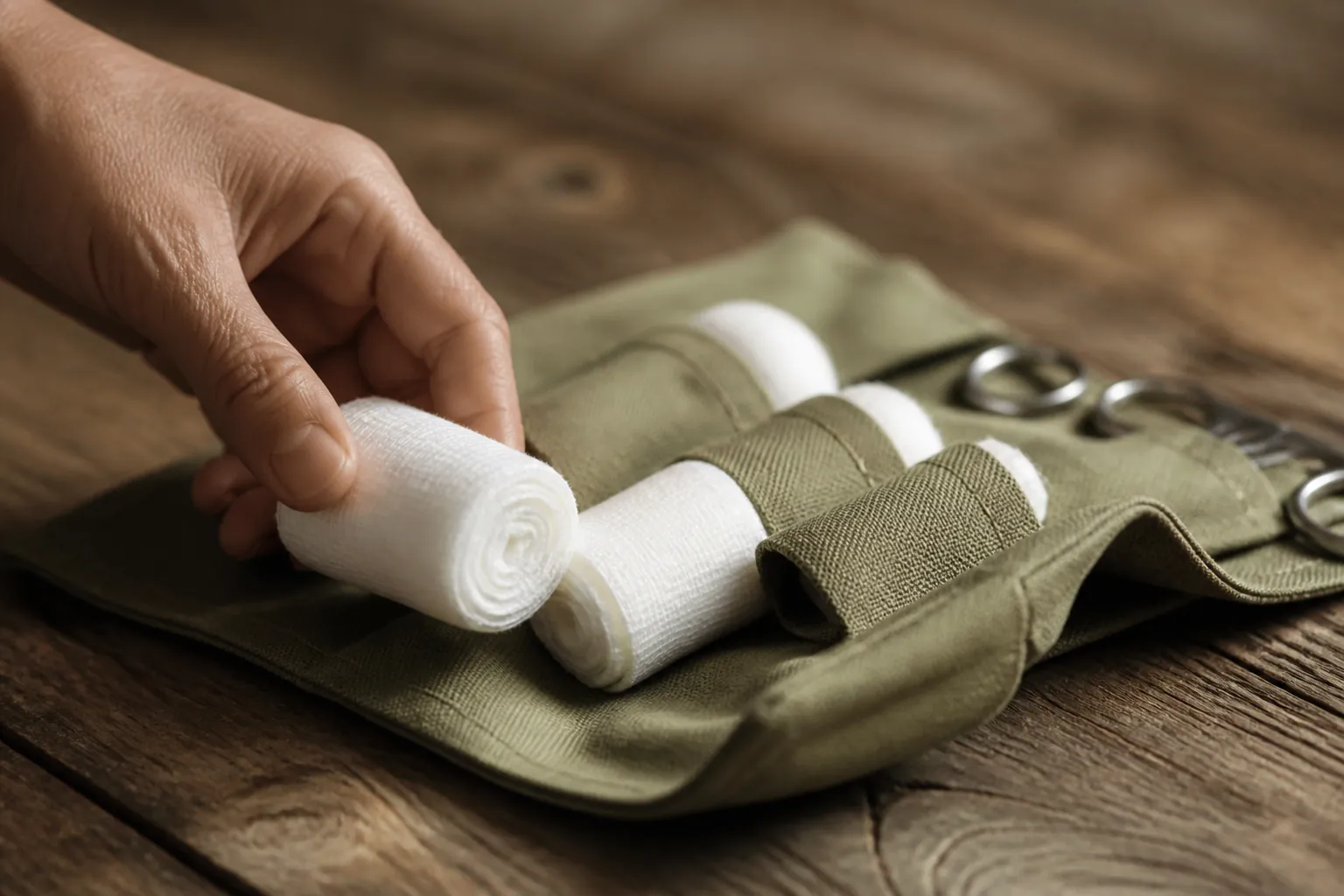Contenu d'une trousse de secours pour chien ouverte avec les 12 éléments disposés