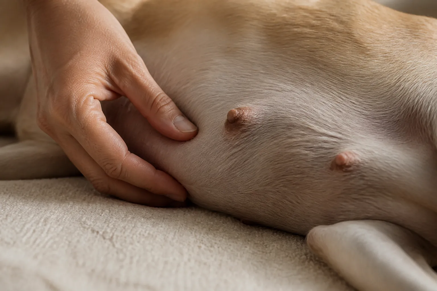 Palpation des chaînes mammaires chez une chienne lors d'un examen vétérinaire