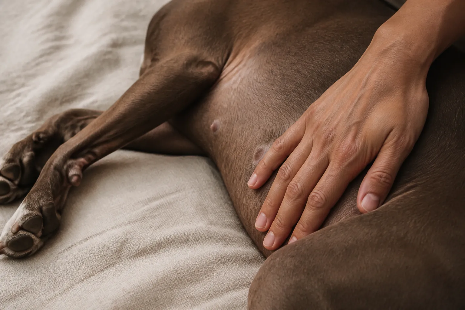 Chien grande race couché montrant un abdomen distendu